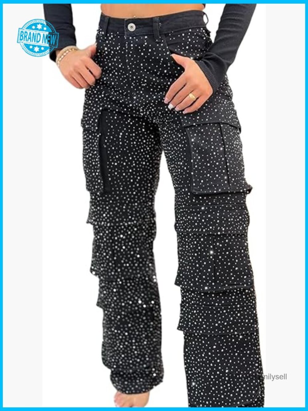 High Waisted Rhinestone Jeans Black Straight Chic Baggy Wide Leg Denim Pants